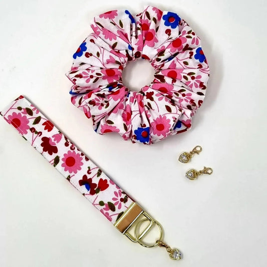 Cotton Scrunchie Key Fob Set Pink Floral