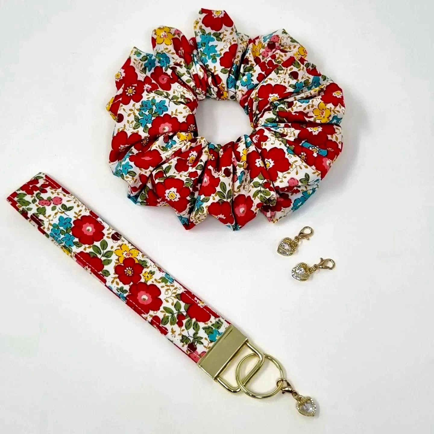 Cotton Scrunchie Key Fob Set Red Floral