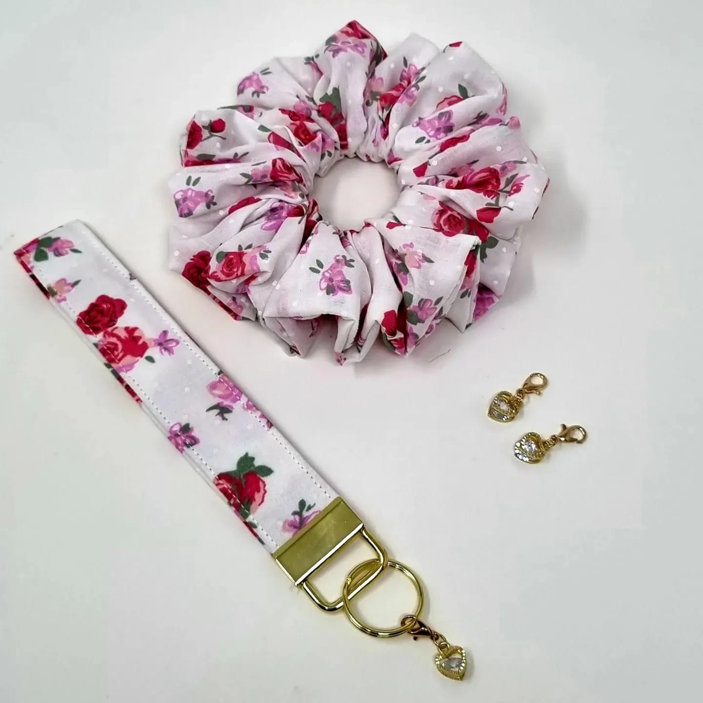 Cotton Scrunchie Key Fob Set Pink/White Floral