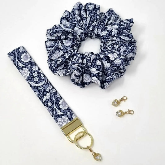 Cotton Scrunchie Key Fob Set Blue Floral